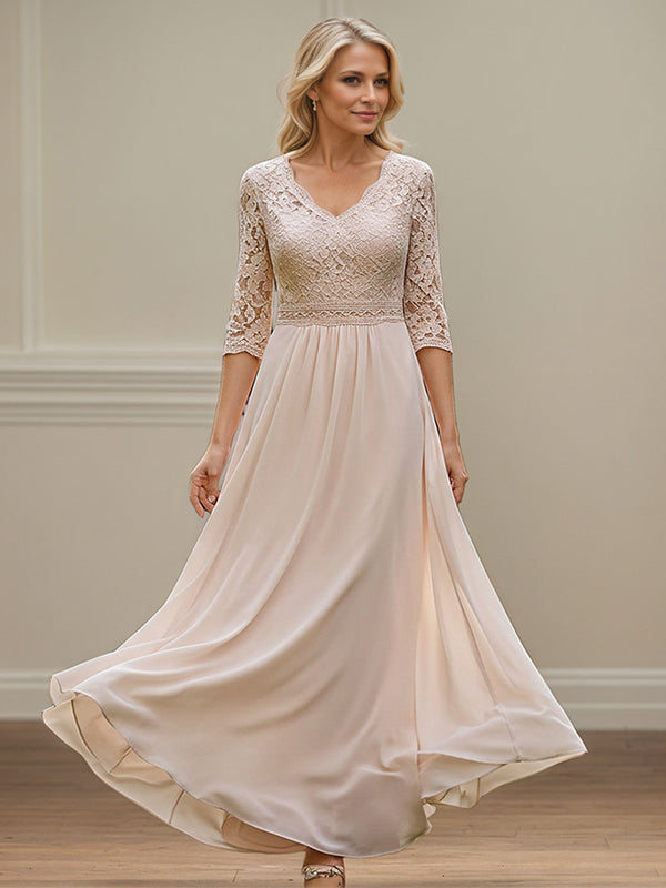 Staubiges Blaues A-Linien V-Ausschnitt Spitzen-Chiffon-Mutter-der-Braut-Kleid mit Applikationen