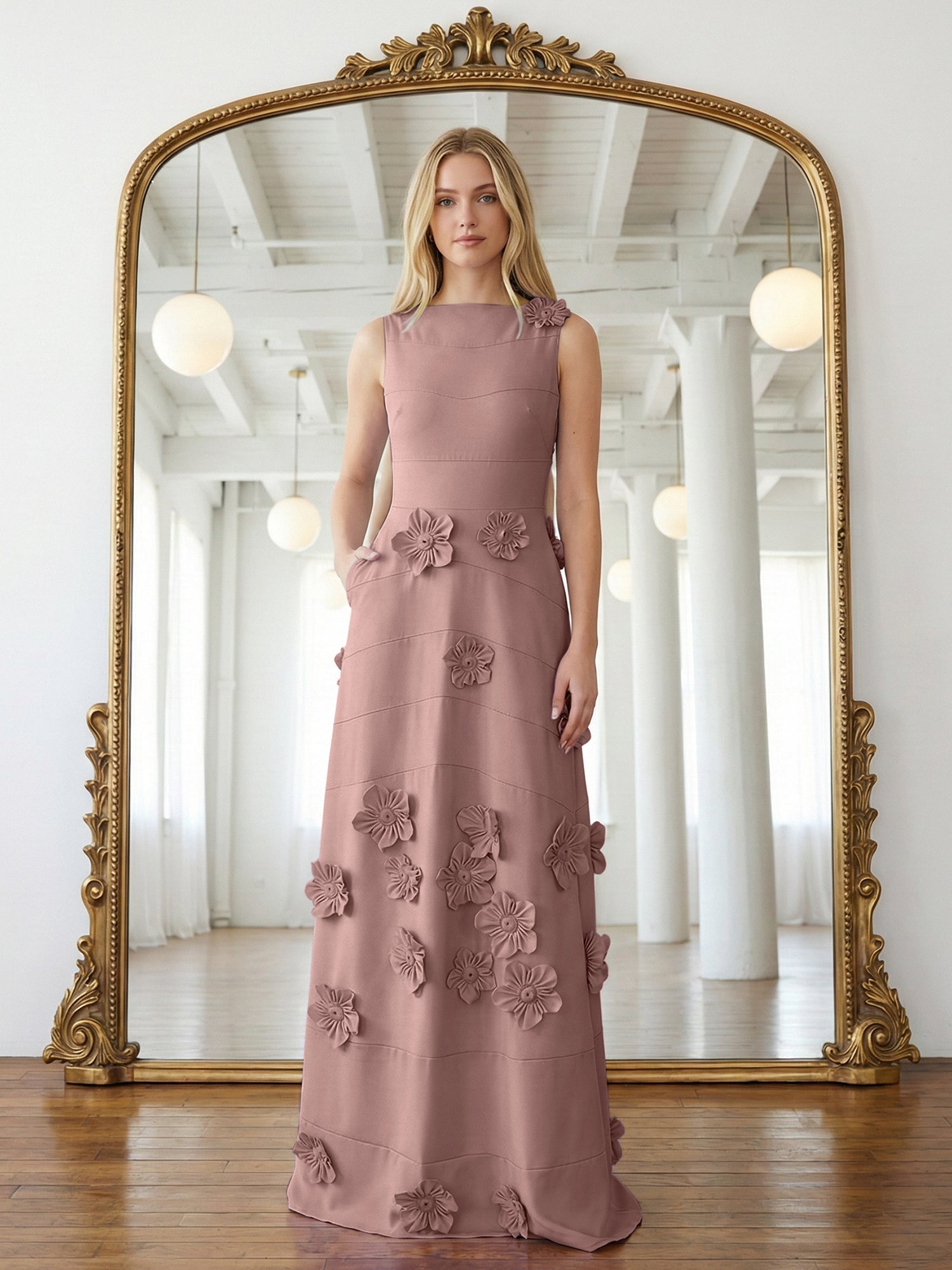 Lavendelfarbenes formelles Kleid mit U-Boot-Ausschnitt und herabfließenden 3D-Blumen