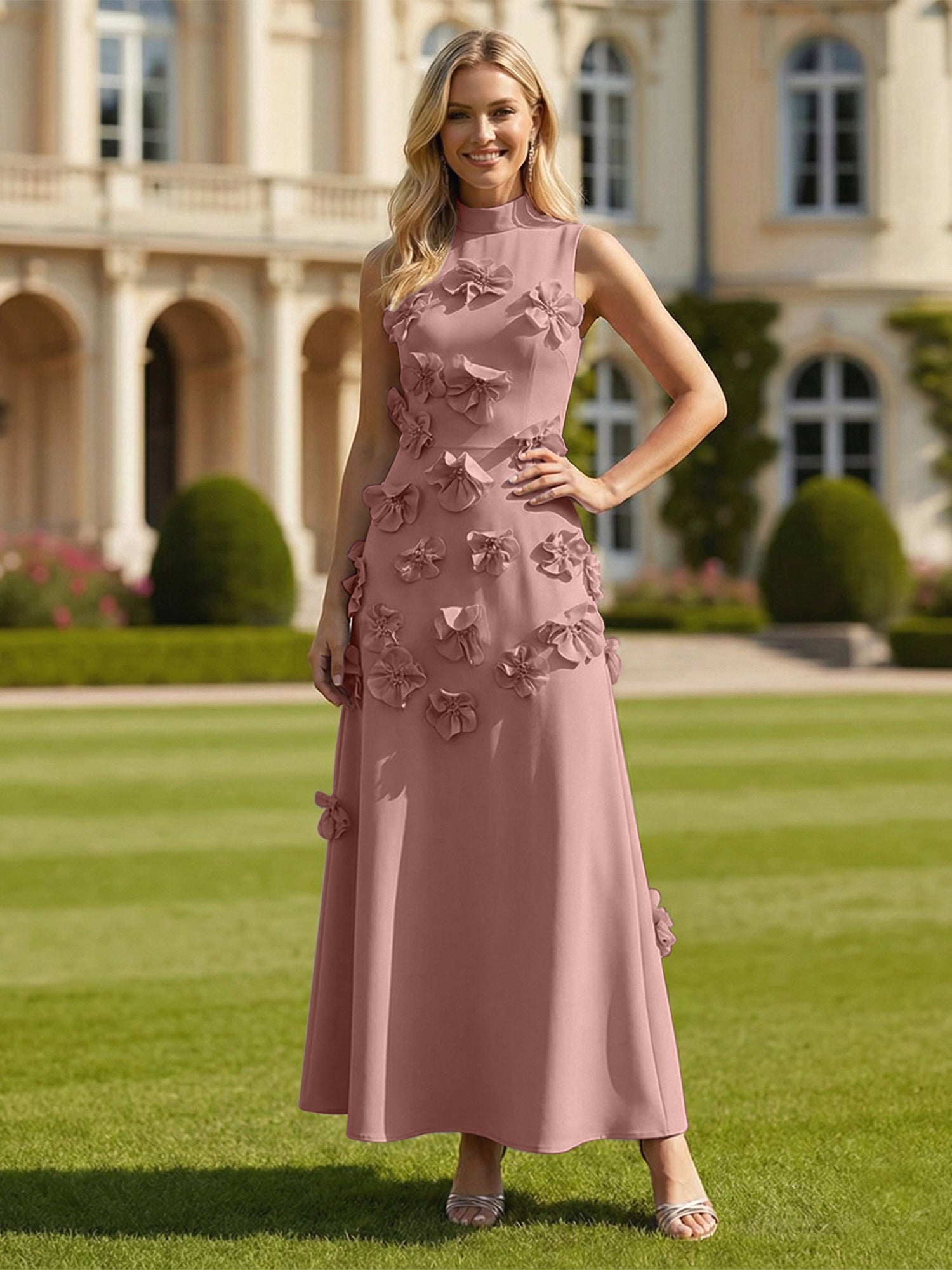 A Line High Neck Sleeveless Floor Length Stretch Crepe Dress With 3D Flowers