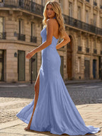 Yellow Beaded Halter Corset Prom Dress with High Slit