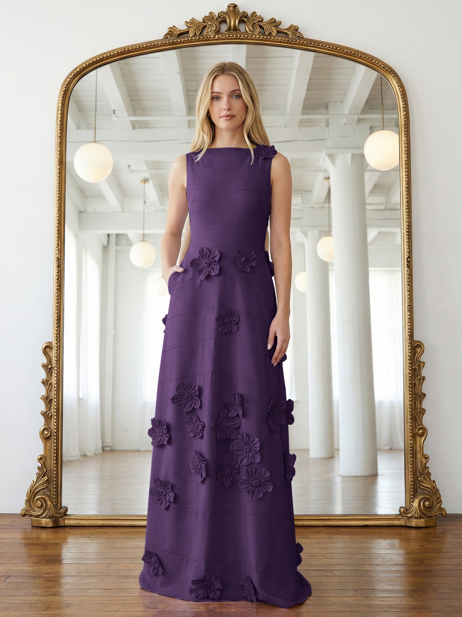 Lavendelfarbenes formelles Kleid mit U-Boot-Ausschnitt und herabfließenden 3D-Blumen
