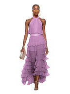 A Line Pink Chiffon Halter Neck Sleeveless Ankle Length Dress With Cascading Ruffles