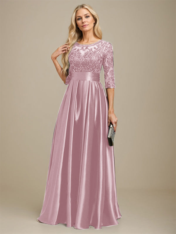 A-Linien Ausschnitt Illusions bodenlanges Stretch-Satin-Spitzenkleid für die Brautmutter mit Schleife und Pailletten