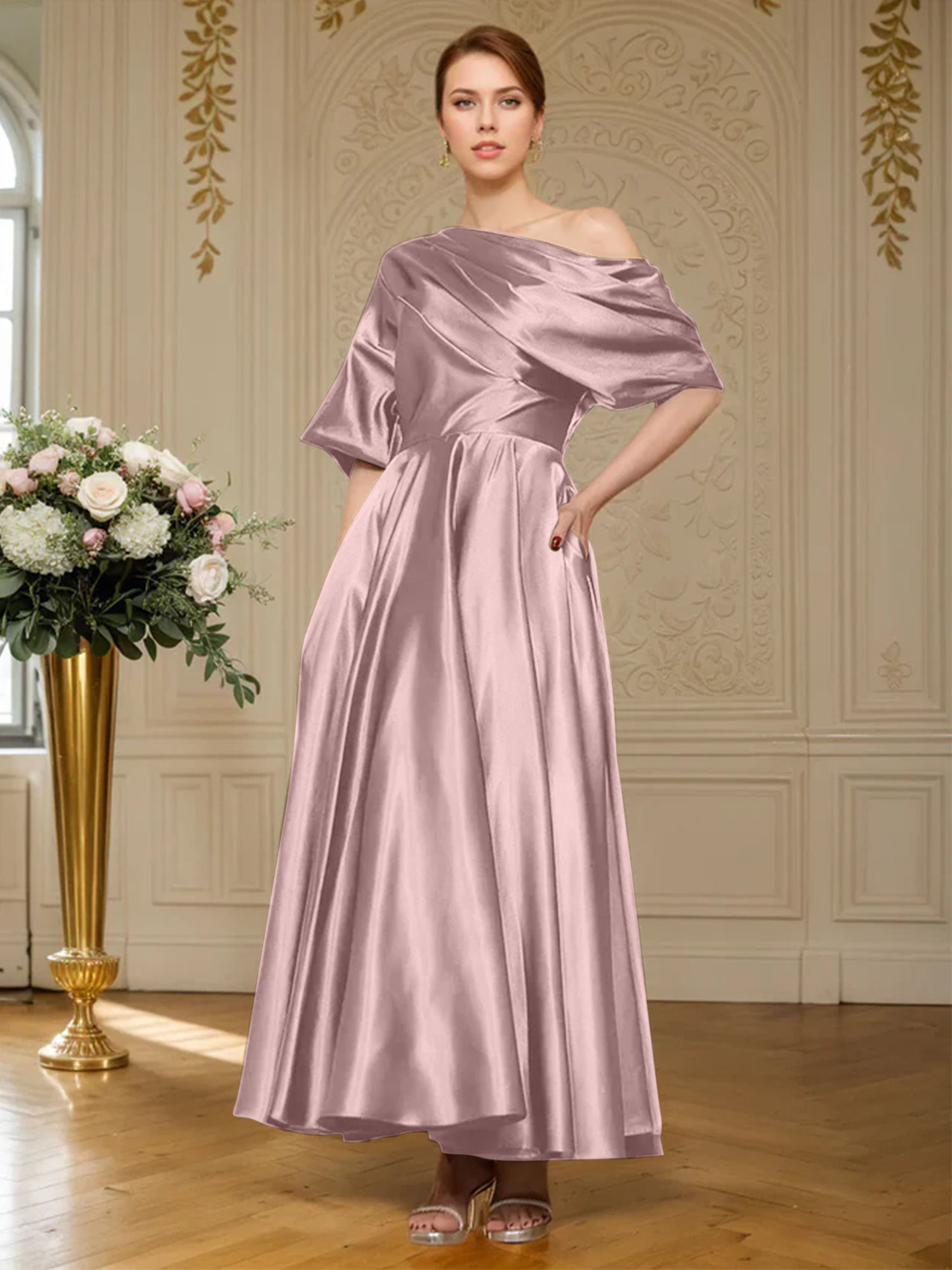 A-Linien Kurzarm plissiertes knöchellanges seidenähnliches Satin Kleid für die Brautmutter