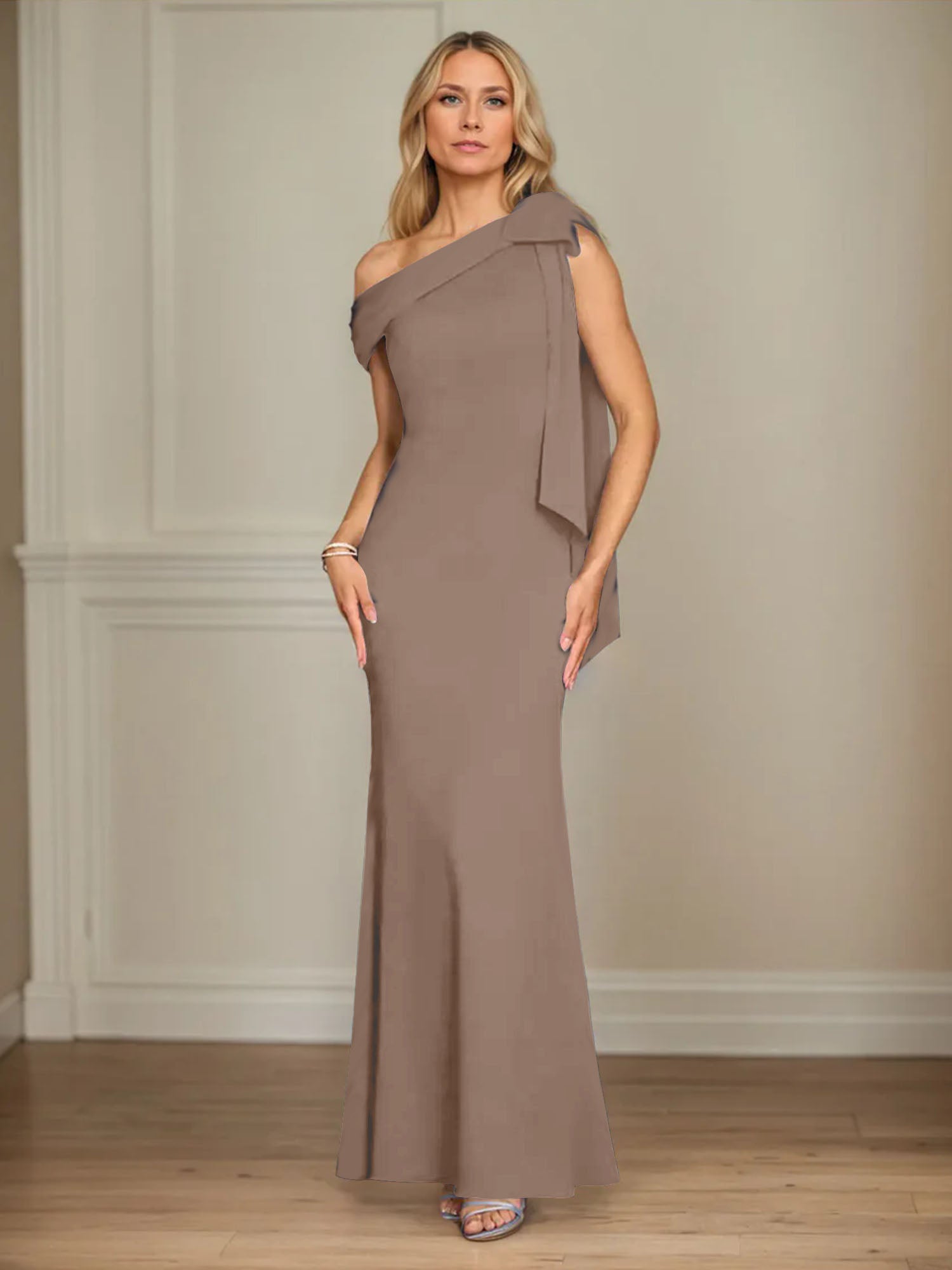 Trumpet/Mermaid Ein-Schulter Ärmelloses Stretch-Crêpe Kleid für die Brautmutter mit Schleife