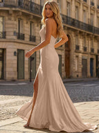 Yellow Beaded Halter Corset Prom Dress with High Slit
