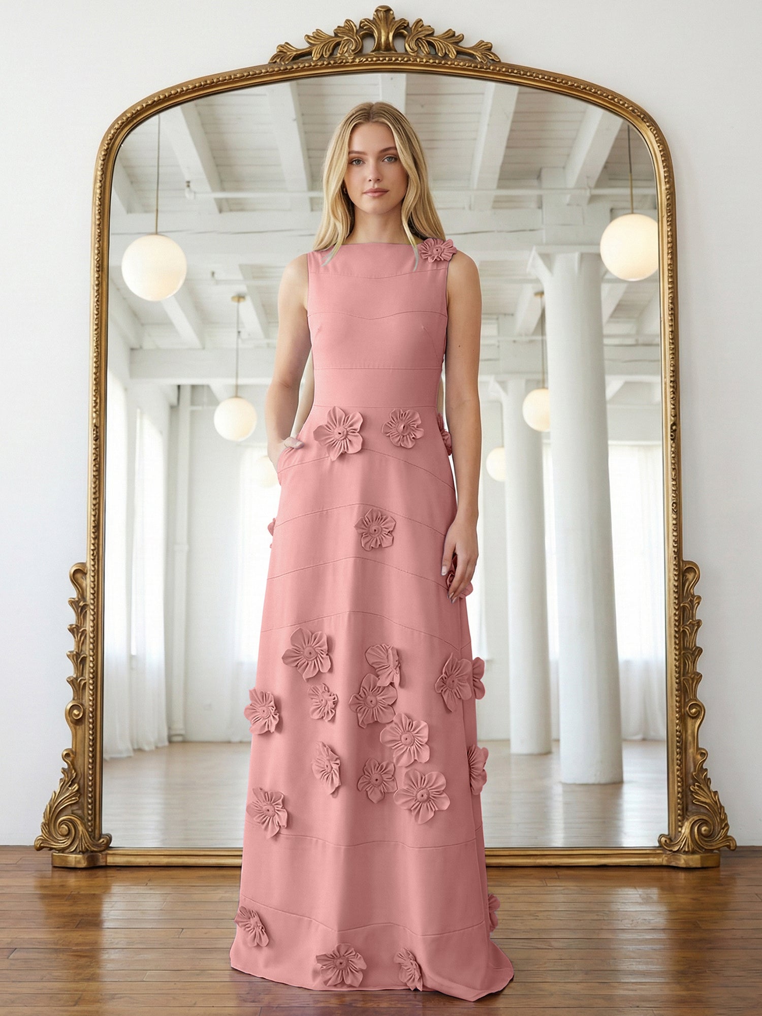 Lavendelfarbenes formelles Kleid mit U-Boot-Ausschnitt und herabfließenden 3D-Blumen