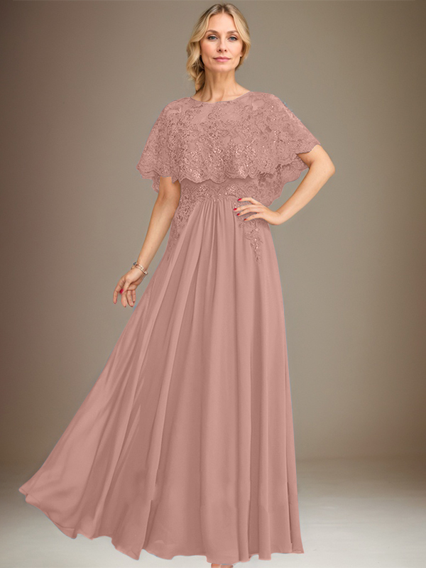 A-Linien Spitzen-Chiffon-Mutter-der-Braut-Kleid mit Bootsausschnitt, bodenlang und Applikations-Pailletten