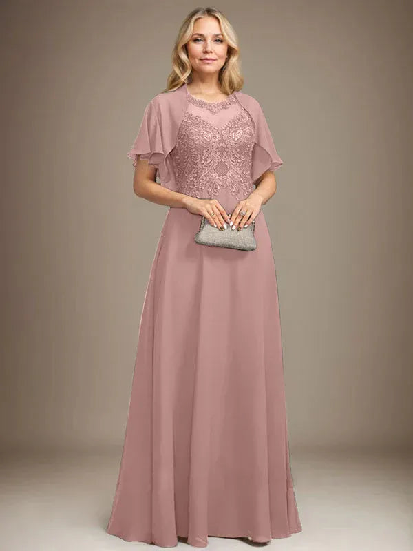 Vestido de madre de la novia de encaje y gasa con ilusión, escote redondo en línea A, largo hasta el suelo con lentejuelas