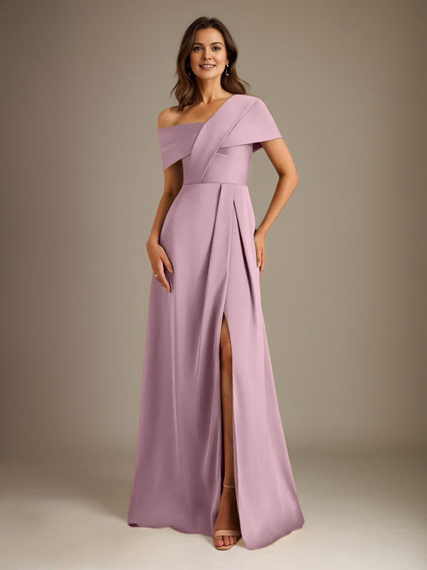 A-Linien asymmetrischer Ausschnitt bodenlanges Satin-Brautkleid für die Brautmutter mit Falten