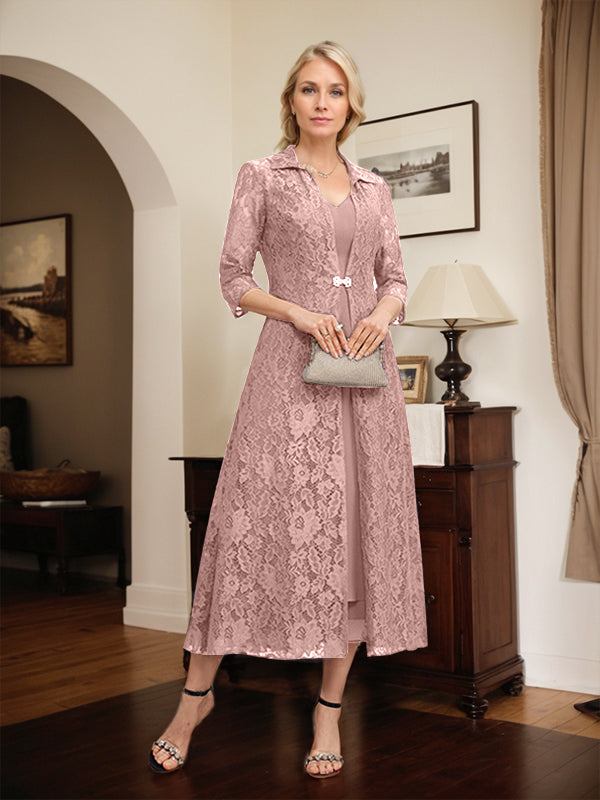 Robe mère de la mariée en mousseline longueur thé à encolure en V et coupe trapèze