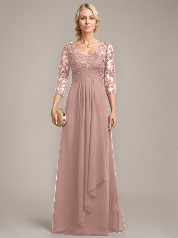 A-Linien V-Ausschnitt bodenlanges Spitzen-Chiffonkleid für die Mutter der Braut mit kaskadierenden Rüschen und Pailletten