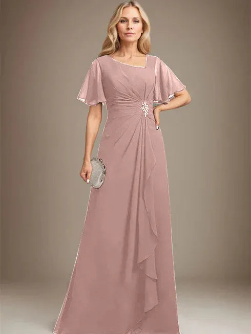A-Linien asymmetrisches bodenlanges Chiffon Mutter-der-Braut-Kleid mit plissierten Perlen und Pailletten