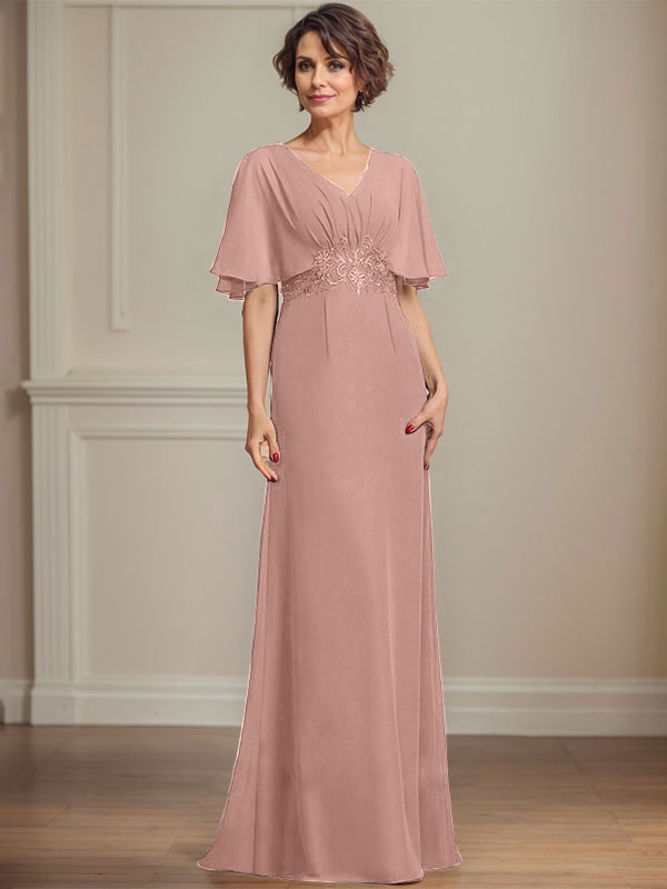 A-Linien Chiffon Mutter-der-Braut-Kleid mit V-Ausschnitt, bodenlang, mit plissierten Pailletten-Applikationen und Spitze