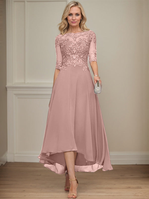 A-Linien Bootsausschnitt Illusionskleid mit asymmetrischem Chiffon-Spitzenstoff, Mutter-der-Braut-Kleid mit Paillettenperlen