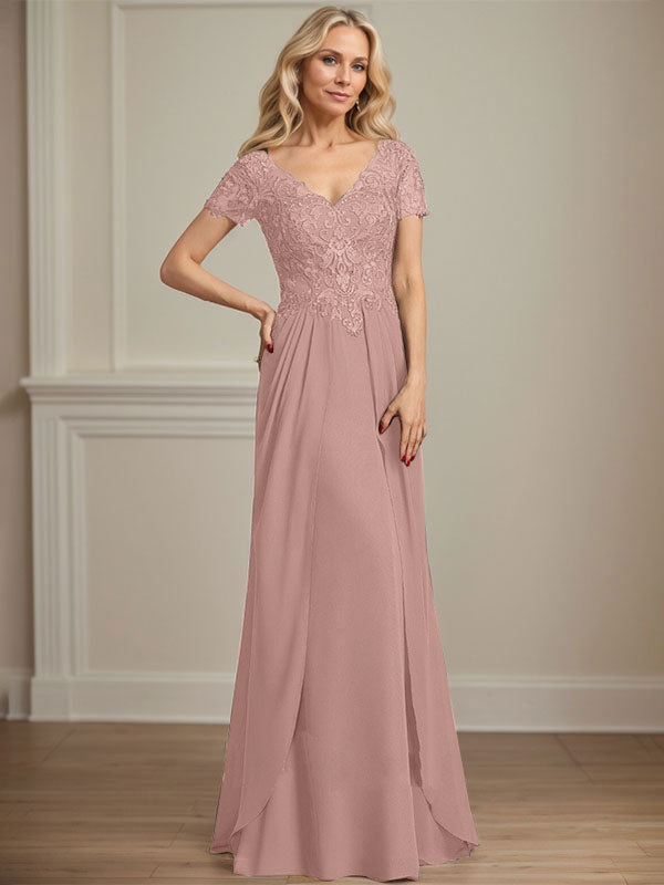 A-Linien Chiffon-Spitzen-Mutter-der-Braut-Kleid mit V-Ausschnitt, bodenlang