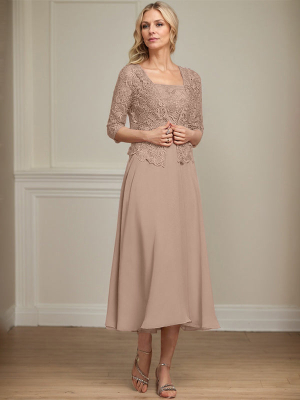Robe de mère de la mariée en mousseline et dentelle ligne A longueur thé avec perles et sequins