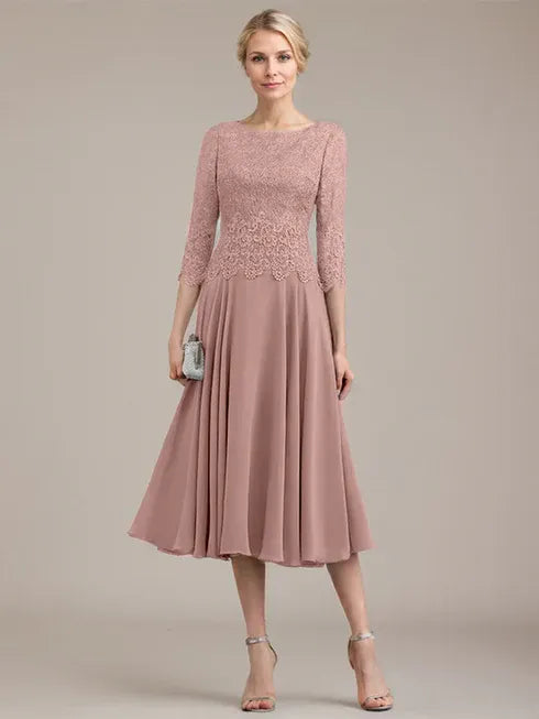A-Linien Kleid mit Rundhalsausschnitt, tea-länge, Spitze und Chiffon, Mutter der Braut Kleid