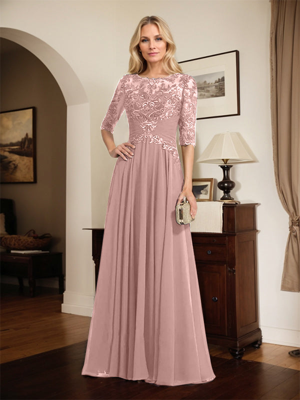 A-Linien Ausschnitt Illusions-Bodenlanges Chiffon-Spitzenkleid für die Mutter der Braut mit plissierten Pailletten