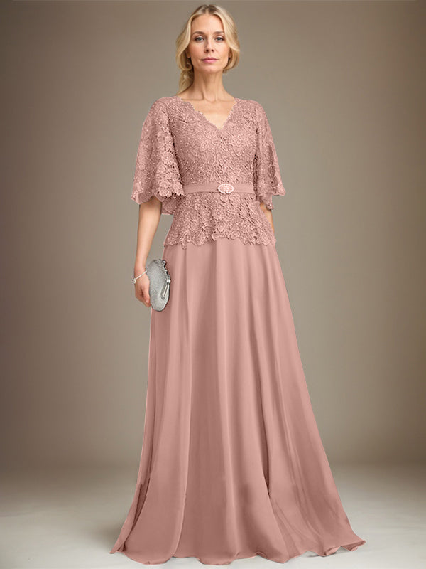 A-Linien V-Ausschnitt Bodenlanges Chiffon-Spitzen Mutter-der-Braut-Kleid mit Kristallbrosche und Strass