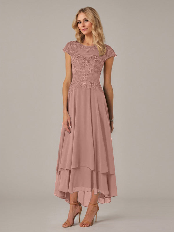 A-Linien Boot-Ausschnitt Illusions asymmetrisches Chiffon-Spitzen Mutterkleid der Braut mit Applikationsfalten