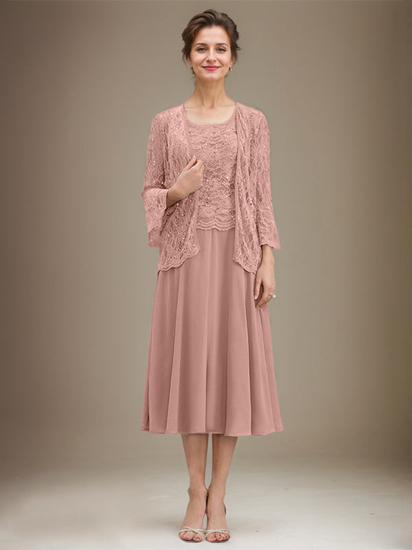 A-Linien Spitzen-Chiffon-Brautmutterkleid mit V-Ausschnitt, tea-length, mit Pailletten
