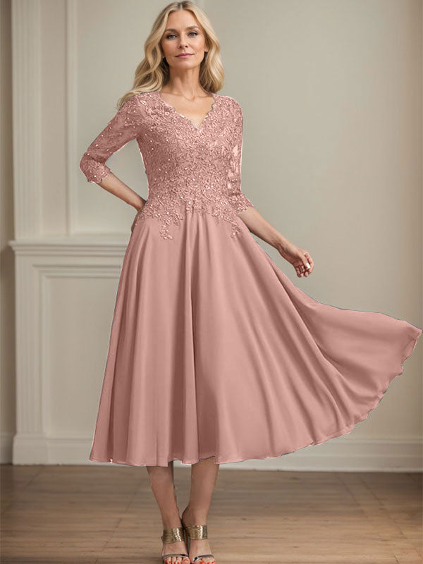 Robe de mère de la mariée en mousseline longueur thé, ligne A, col en V, en dentelle avec perles et sequins