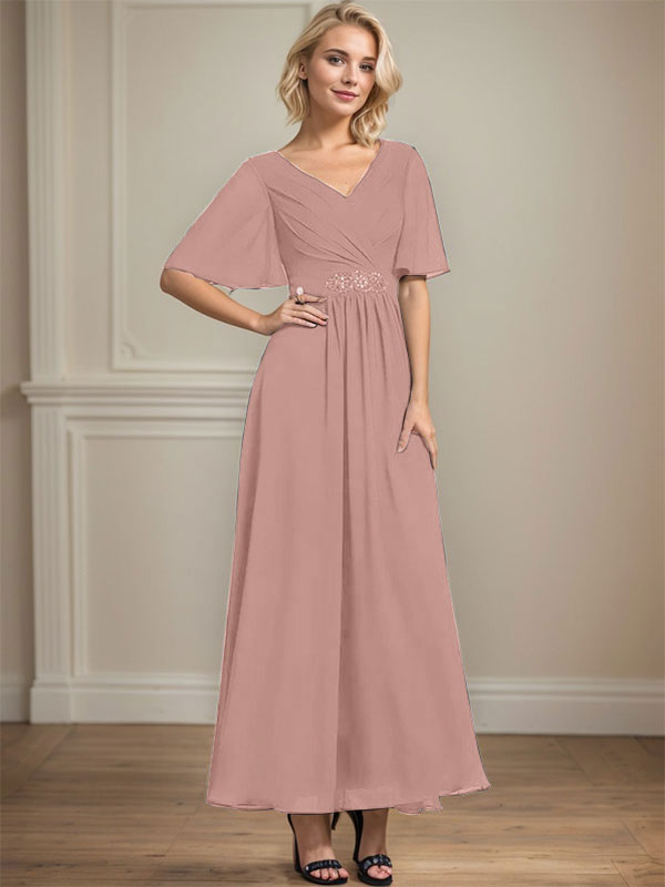 A-Linien V-Ausschnitt Knöchellanges Chiffon Kleid für die Brautmutter mit plissierten Perlen und Pailletten
