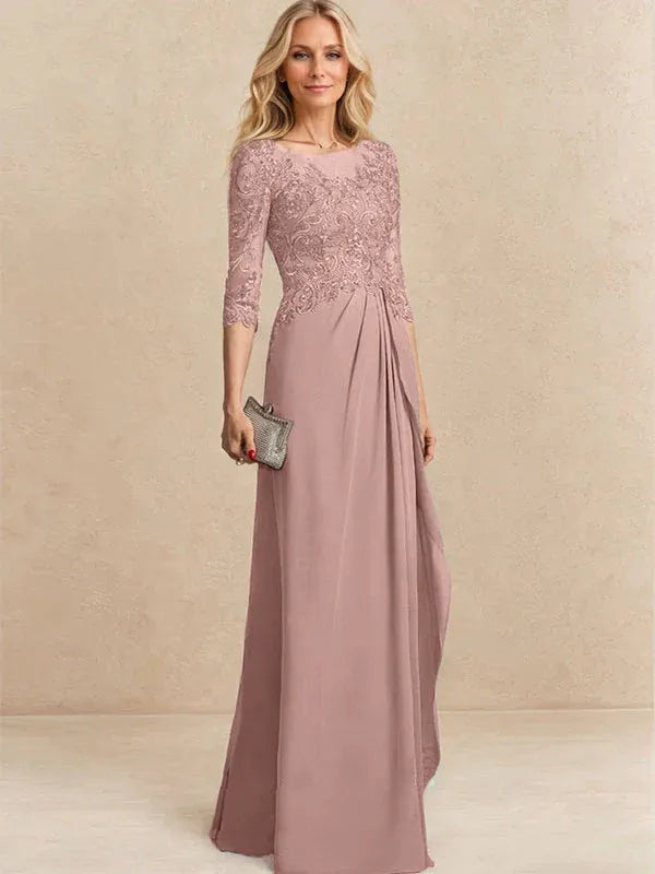 Vestido para la madre de la novia línea A con escote redondo ilusión, largo hasta el suelo, de gasa y encaje con cuentas, lentejuelas y volantes en cascada