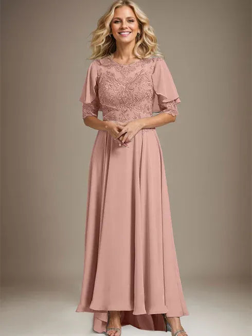 A-Linien Kleid mit Scoop-Ausschnitt, Illusion, asymmetrischem Chiffon und Spitzen, Mutter-der-Braut-Kleid mit Perlenbesatz