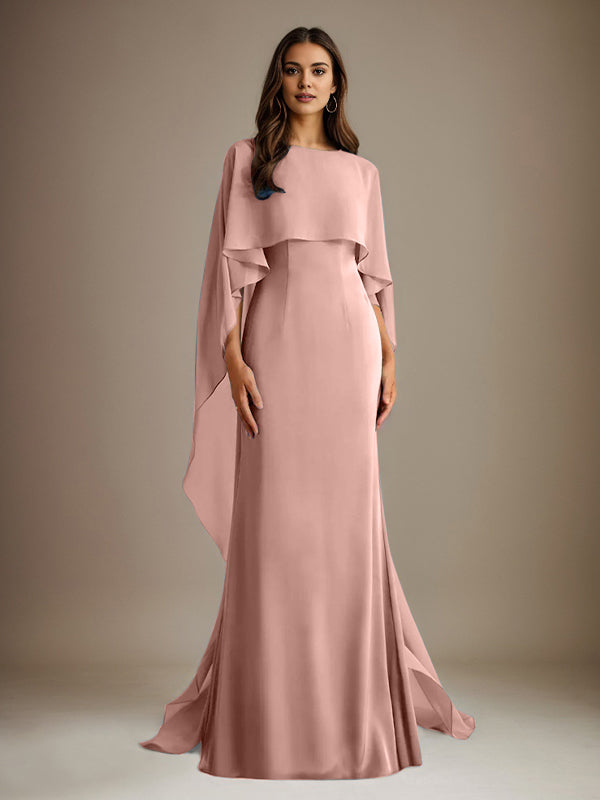Etuikleid/Säulenkleid Bootsausschnitt bodenlanges Chiffon Mutter-des-Braut-Kleid mit kaskadierenden Rüschen