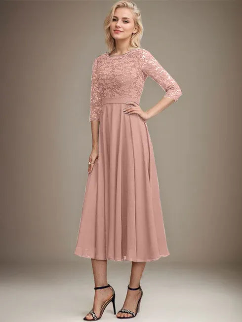 A-Linien Spitzen-Chiffon-Brautmutterkleid mit V-Ausschnitt, tea-length, mit Pailletten