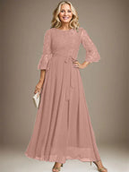 A-line Scoop Ankle-Length Lace Chiffon Mother of the Bride Dress With Bow