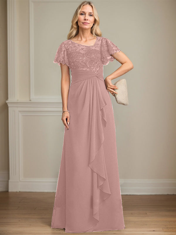 A-Linie asymmetrisches Illusions bodenlanges Spitzen-Chiffon Brautmutterkleid mit kaskadierenden Volants und Pailletten