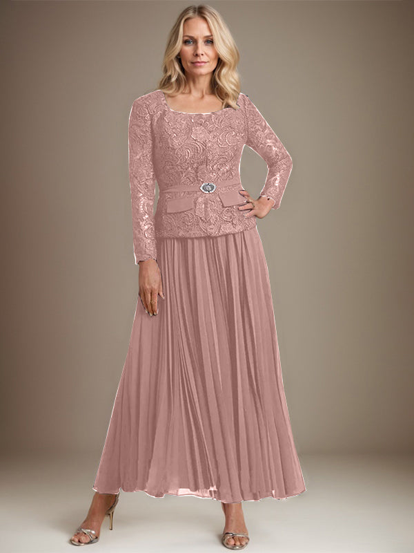 A-Linien-Kleid mit quadratischem Ausschnitt, knöchellang, Chiffon, Mutter der Braut, mit Falten