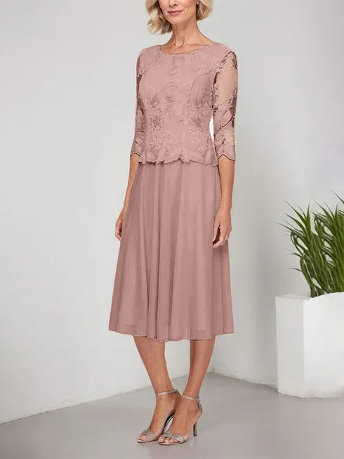 A-Linie Rundhals Tee-Länge Spitze Chiffon Mutter-der-Braut-Kleid mit Stickerei