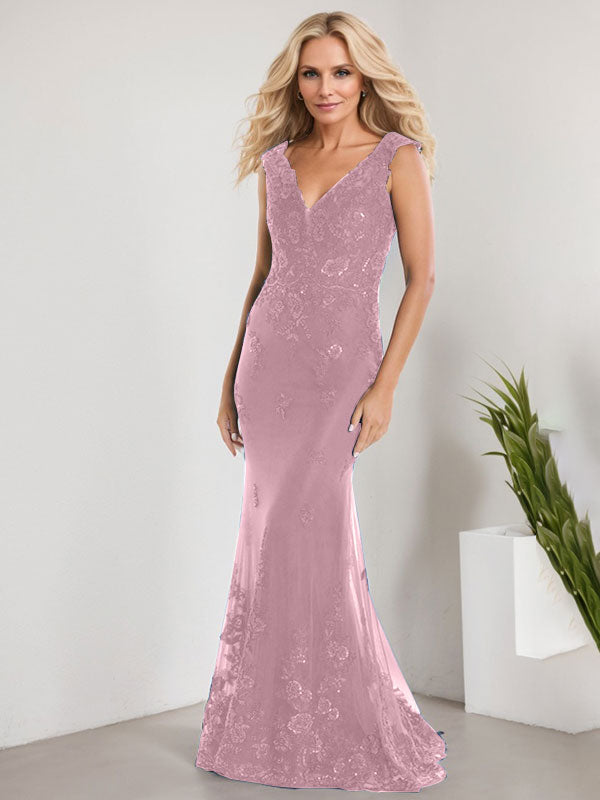 A-Linien V-Ausschnitt bodenlanges Spitzen-Chiffon Kleid für die Brautmutter mit Applikationen und Pailletten Meerjungfrauenkleid