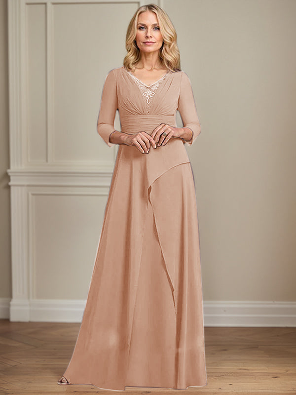 A-Linien Chiffon-Mutter-der-Braut-Kleid mit V-Ausschnitt, bodenlang, plissierte Perlenverzierung