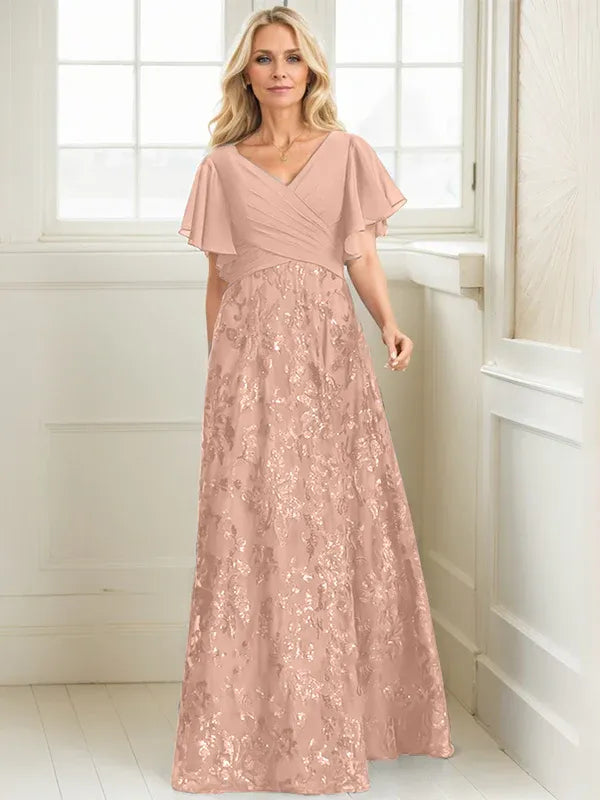 Vestido de madre de la novia en línea A con escote en V, largo hasta el suelo, encaje, lentejuelas y gasa plisada