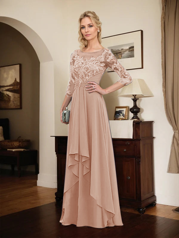 Robe mère de la mariée en ligne A avec col rond illusion, dentelle et chiffon longueur sol avec volants en cascade