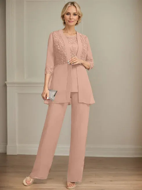 Combinaison/pantalon séparé en mousseline et dentelle, longueur au sol, col rond, robe mère de la mariée avec sequins