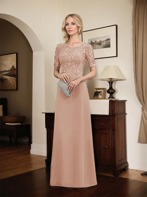 A-Linien Spitzen-Chiffon-Mutter-der-Braut-Kleid mit Rundhalsausschnitt, bodenlang und Pailletten