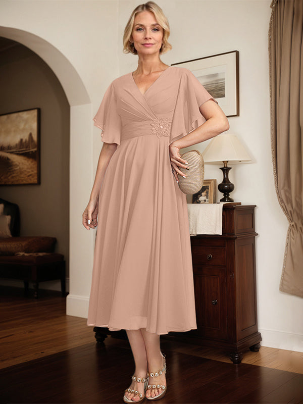 A-Linien Kleid mit V-Ausschnitt, tea-length Chiffon, Mutter der Braut mit plissierten Perlen