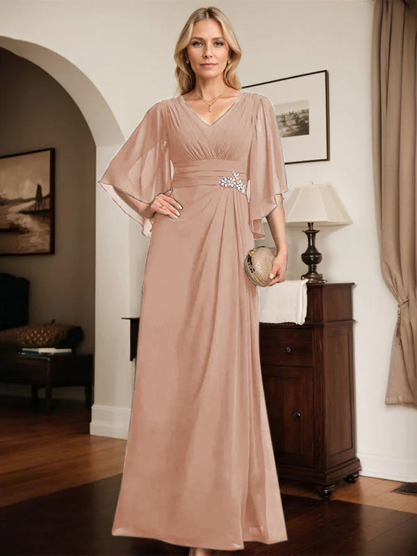 Etuikleid/Säule V-Ausschnitt bodenlanges Chiffon Mutter-der-Braut-Kleid mit plissierten Pailletten und Perlen