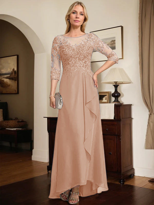 A-Linien Rundhals Illusions-Asymmetrische Spitze Chiffon Brautmutterkleid mit Pailletten und fallenden Rüschen