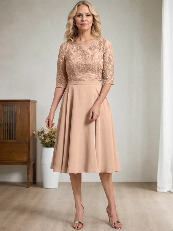 A-Linien Rundhalsausschnitt knielanges Spitzen-Chiffon Kleid für die Mutter der Braut