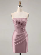 Dusty Rose Satin Corset Strapless Ruched Bodycon Homecoming Dress