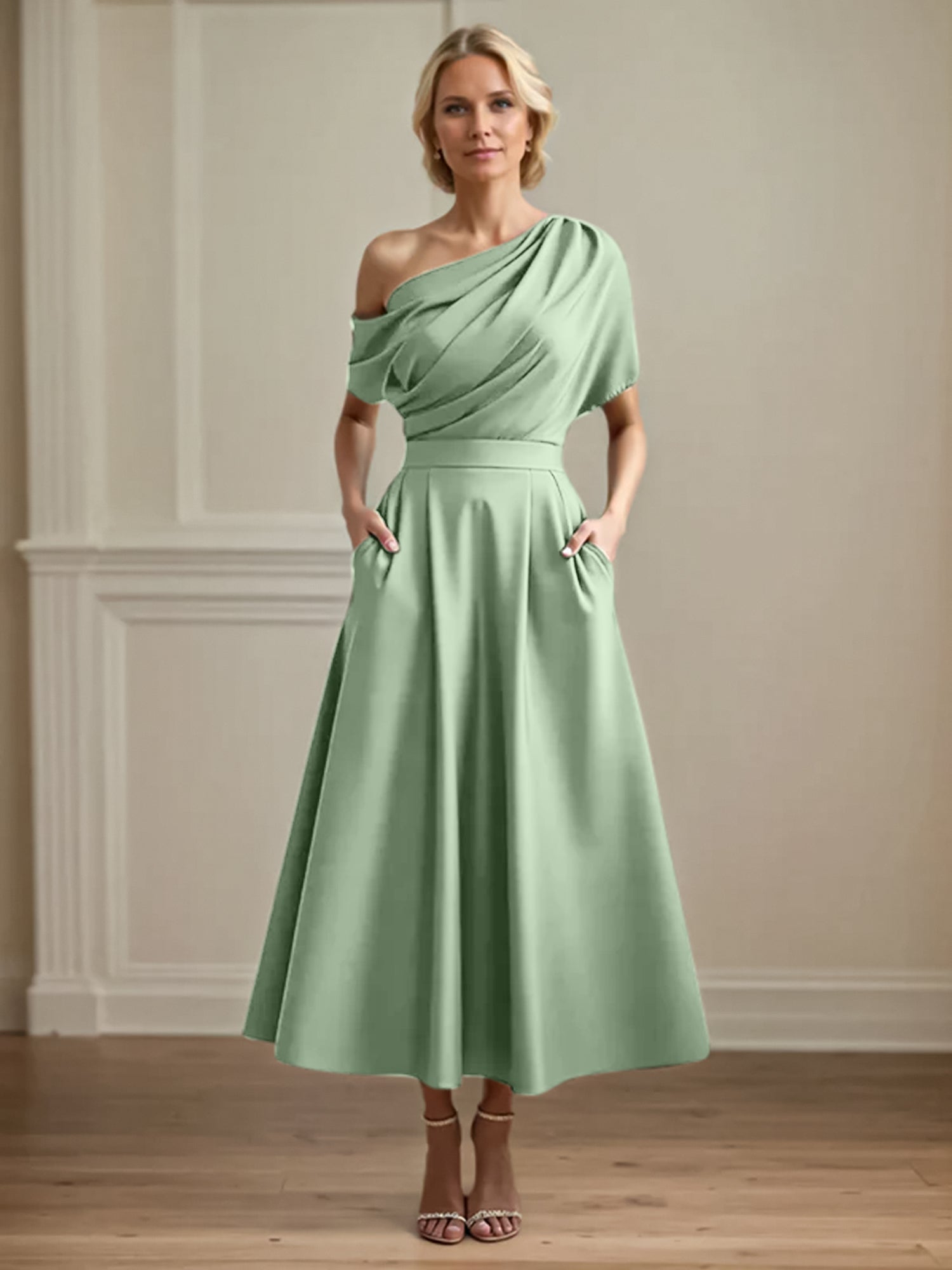 A Line Satin One Shoulder Pleated Ankle Length Mother of the Bride Dress
