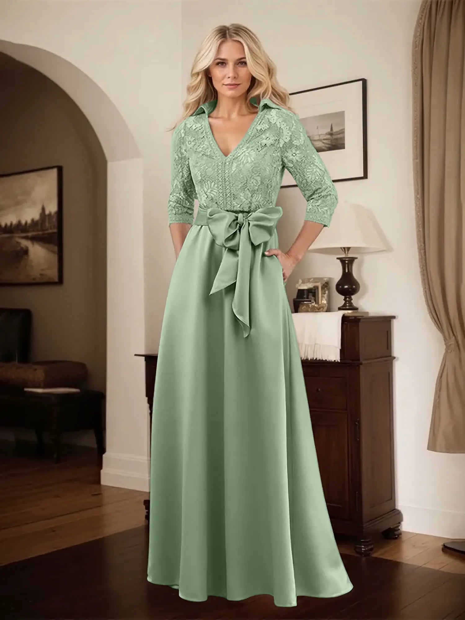 Classic V-Neck Bow Accented Satin Mother Of The Bride Dress With Lace