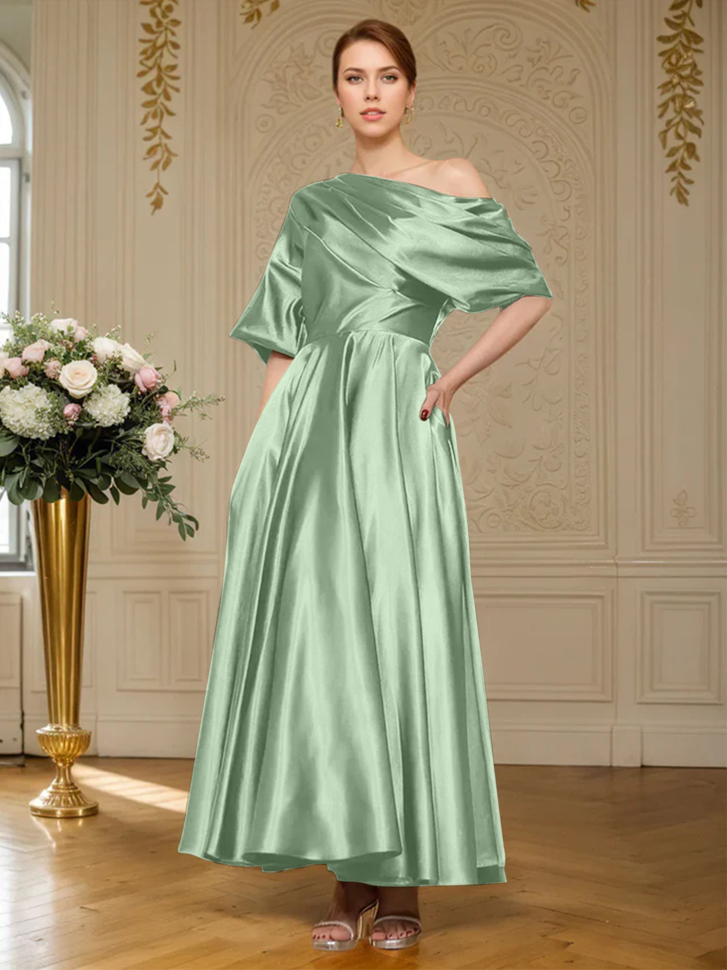 A-Linien Kurzarm plissiertes knöchellanges seidenähnliches Satin Kleid für die Brautmutter